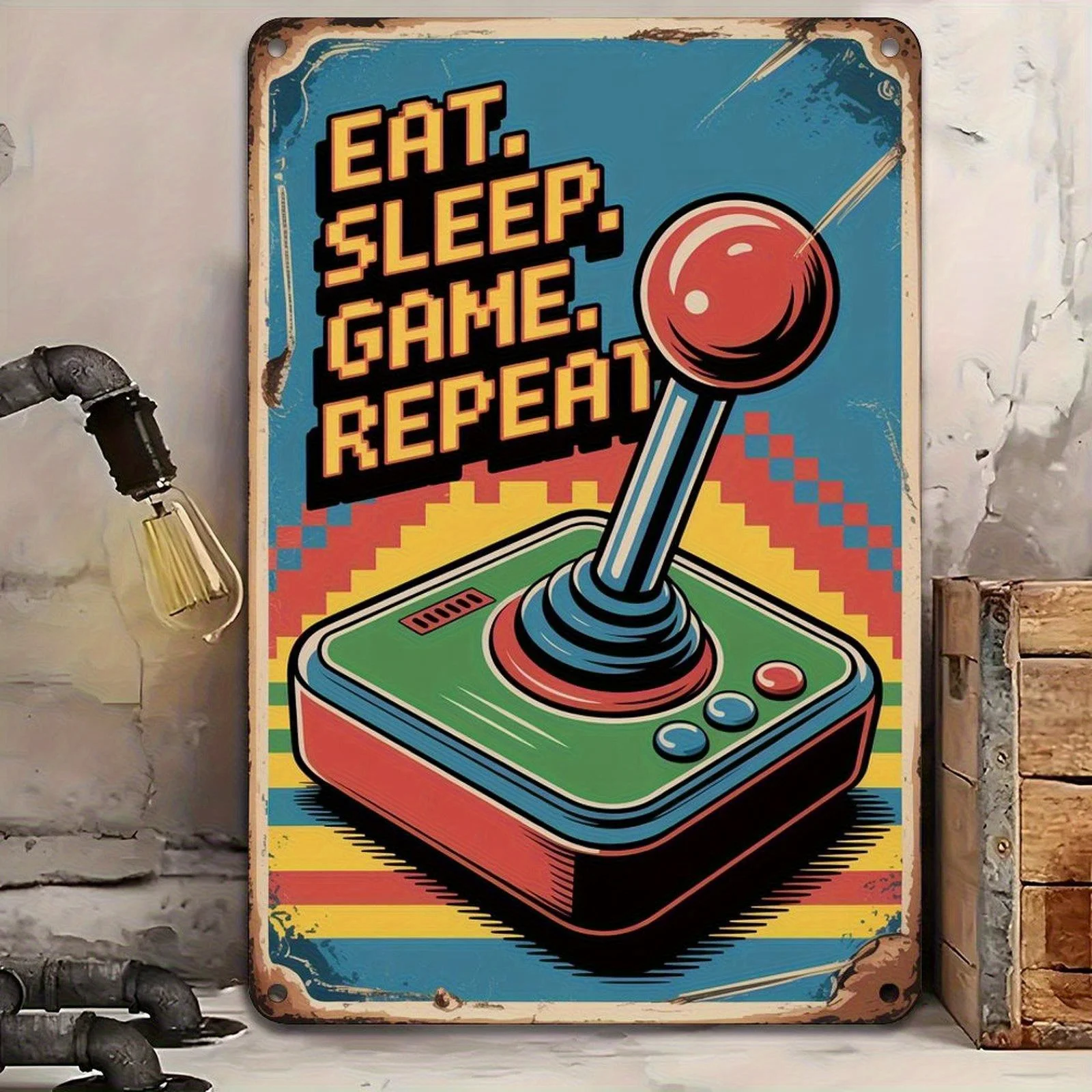 Heavy-Duty Iron Retro Arcade Gaming Poster - Eat Sleep Game Repeat Metal Plaque Sign Vintage Joystick Art in Teal, Red