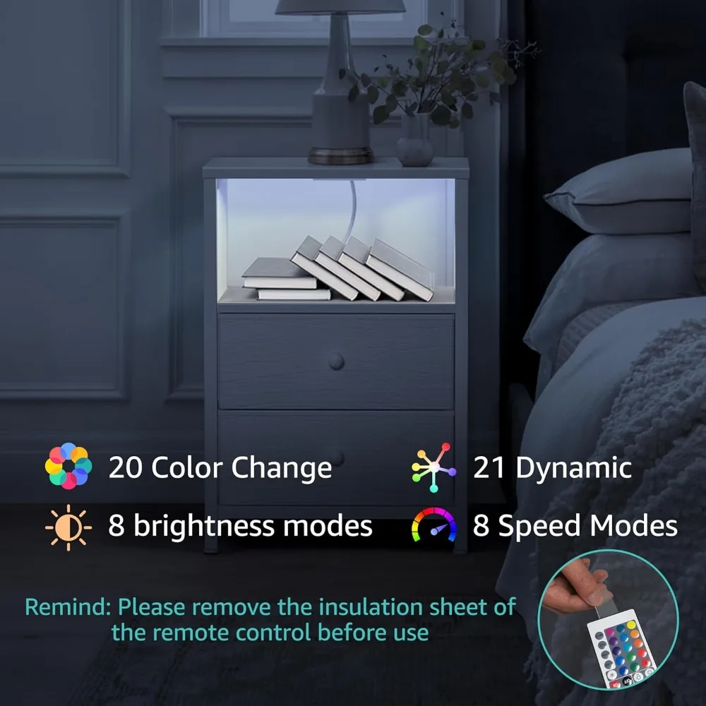 흰색 침실용 협탁 2개 세트, 충전 스테이션과 LED 조명이 있는 침실용 협탁 세트, 침대 옆 테이블