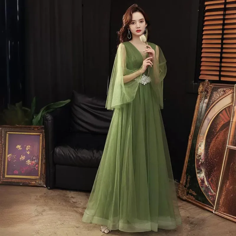 

Evening Dress Women's 2025 Summer New Long Style Green Large Size Annual Meeting Host Banquet Performance Pong Style Dress