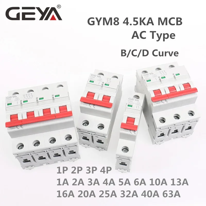 GEYA GYM8 4Pole Din Rail Switch Minature Circuit Breaker 6A-63A Din Rail MCB 400V with ON OFF Indiactor