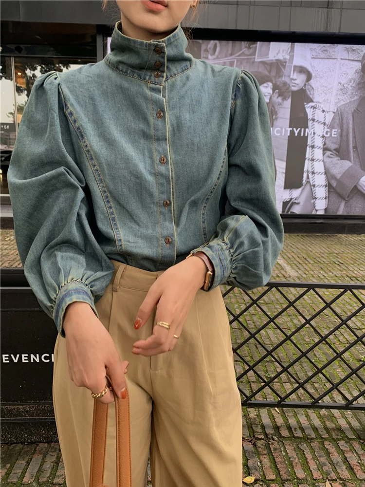 Retro Stand Collar ort Denim irt Women's Autumn New Design Sensation Anti Aging irt Jaet  Top Korean Sle Loose...