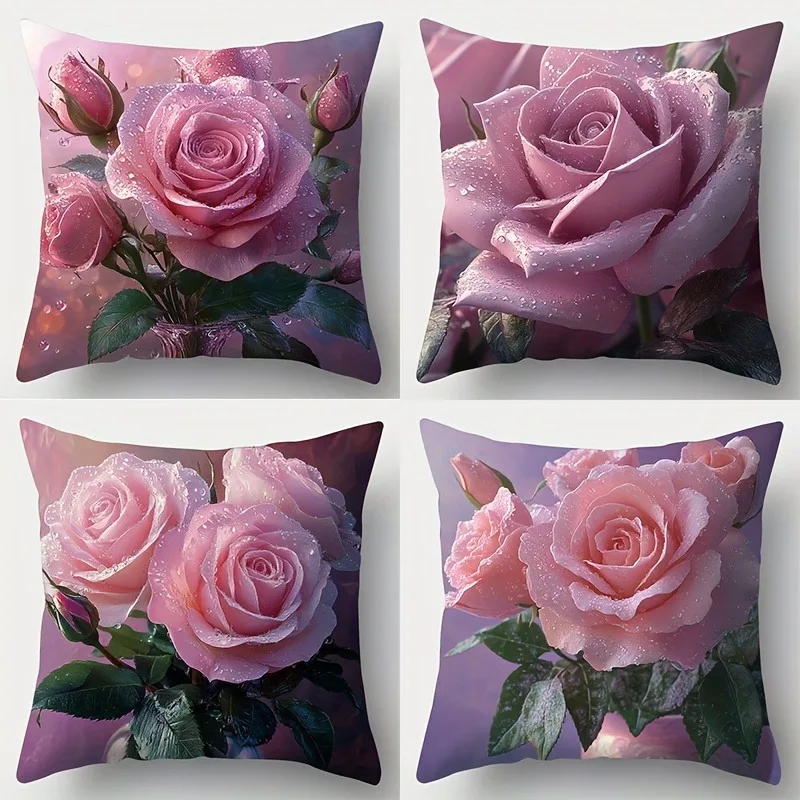 Beautiful Rose Print Pattern Home Decor Pillowcase Bedroom Living Room Sofa Decoration Polyester Cushion Cover with Zipper