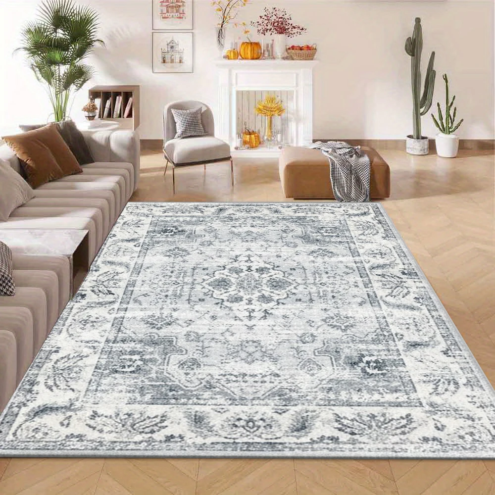 Distressed Vintage Oriental Area Rug Light Blue Washed Medallion Floral Floor Carpet for Living Room Bedroom Office Home Decor