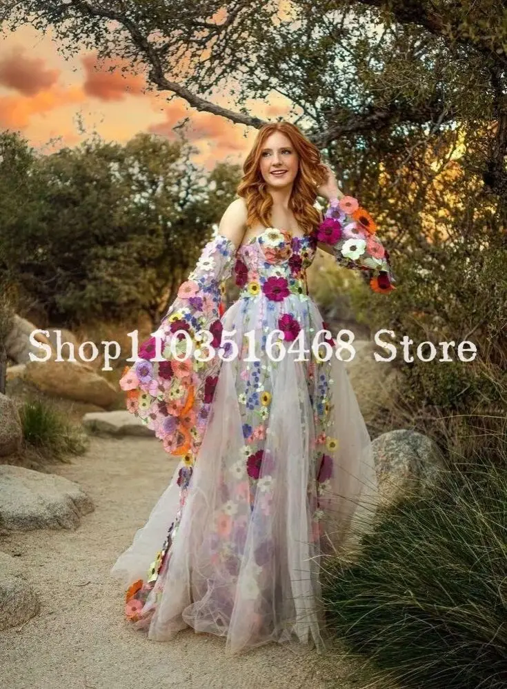 

Fantasy Floral Strapless Wedding Dresses Gorgeous Strapless Fairy Long Sleeve 3D Flower Bridal Gowns Formal Occasion Customised