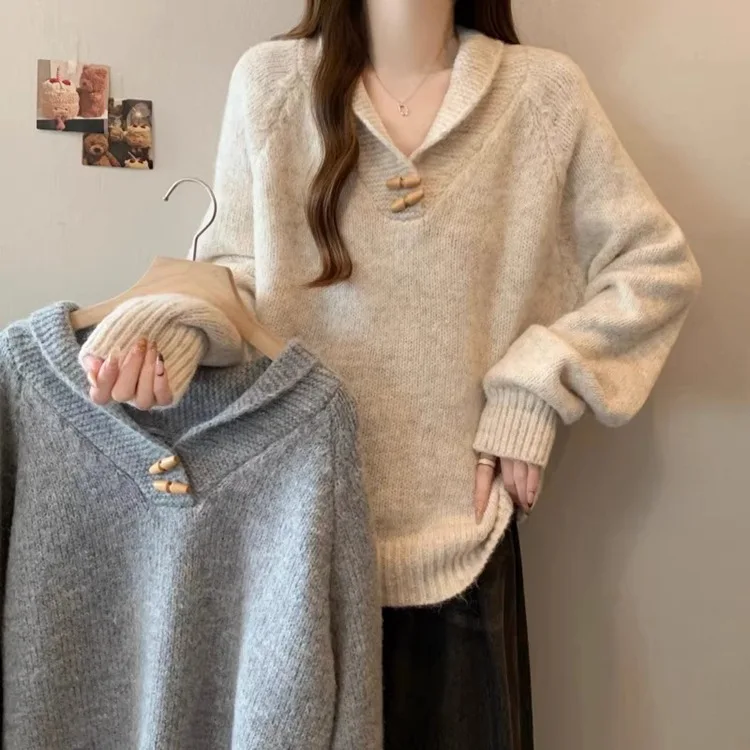 Womens Sweater Spring Autumn Korean Edition Solid Color Bull Horn Collar Loose Fashion Knitted Sweater Casual Daily Versatile