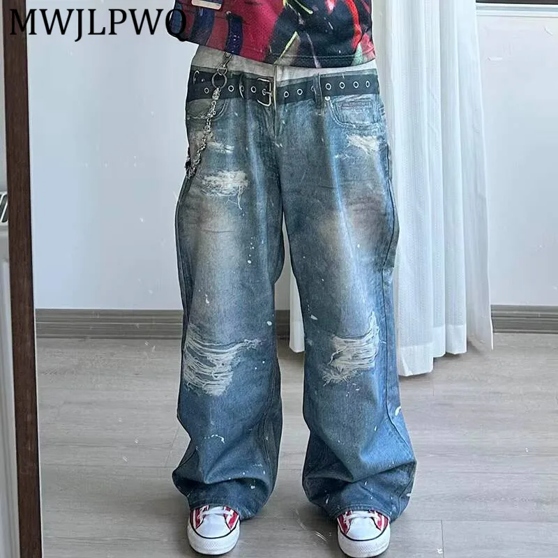 

Джинсы прямого кроя с принтом MWJLPWQ, мужские, в американском уличном стиле, с эффектом чернильных брызг, трендовые, повседневные, с потертостями, широкие джинсовые брюки 21931