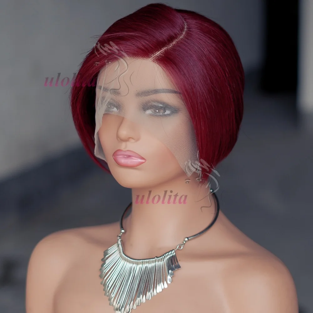 StraightPixie Cut Human Hair Wig 99j Burgundy Choolate Brown #4Straight Short Human Hair Wigs perruque cheveux humain sans colle