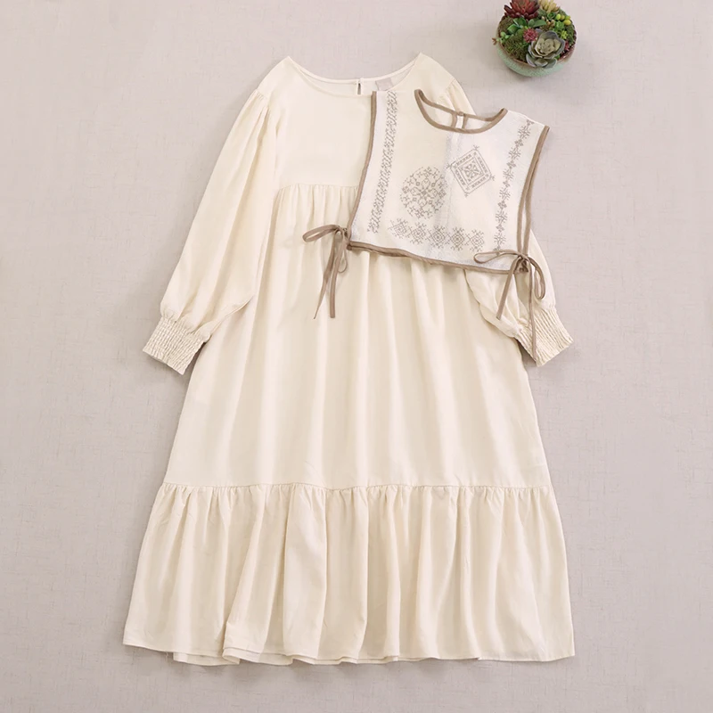 Spring New Japanese Sweet Mori Girl Embroidery Vest Dress Two Peices Set Women O-Neck Long Sleeve Casual Loose Long Dresses