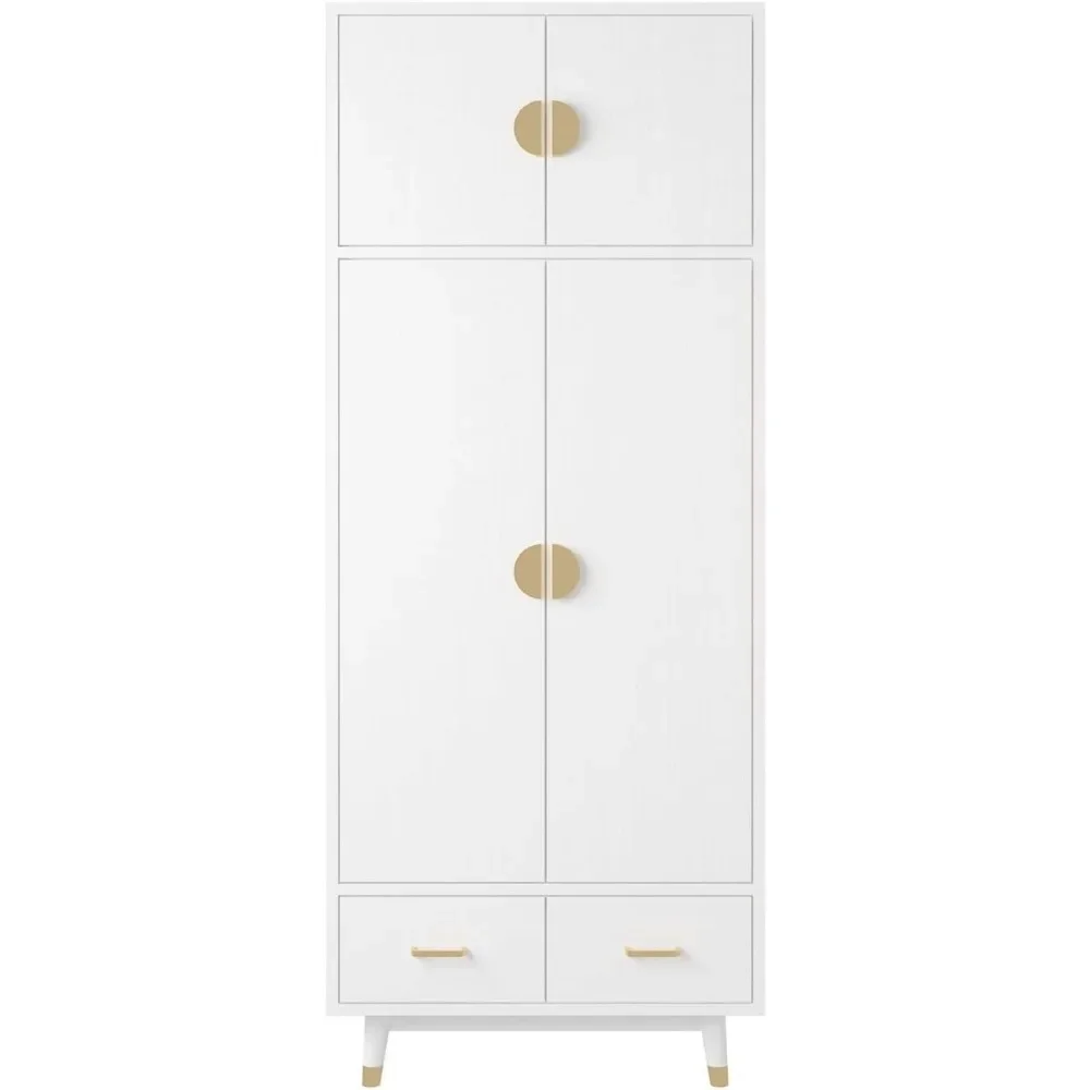 Wooden Wardrobe with Clothes Rail 4 Doors, 2 Drawers, Golden Copper Feet White, Style Modern