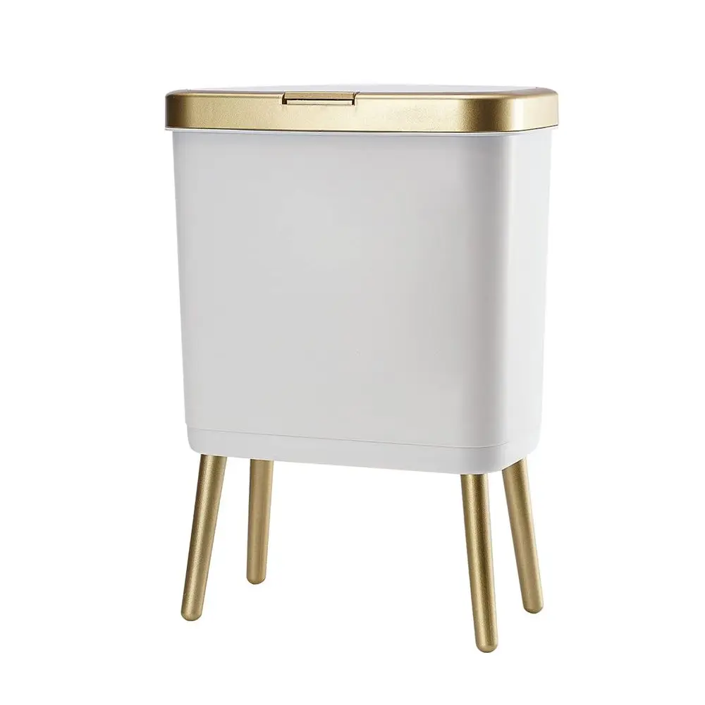 

Bathroom Trash Can with Lid, Plastic Garbage Can with Legs, 4 Gallon Gold Trash Bin with Push Button, Narrow White Trash Can Was