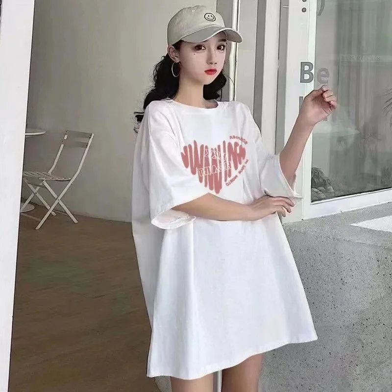 

plus Size 300 Pou Women's Love Heart T-irt Korean Sle Casual round Ne ort Sve Summer Top for Plump Ladies