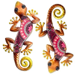 2 Pcs Metal Gecko Wall Decoration Outdoor Garden Wall Art Sculpture Statues of Yard Patio Fence Pool Gift