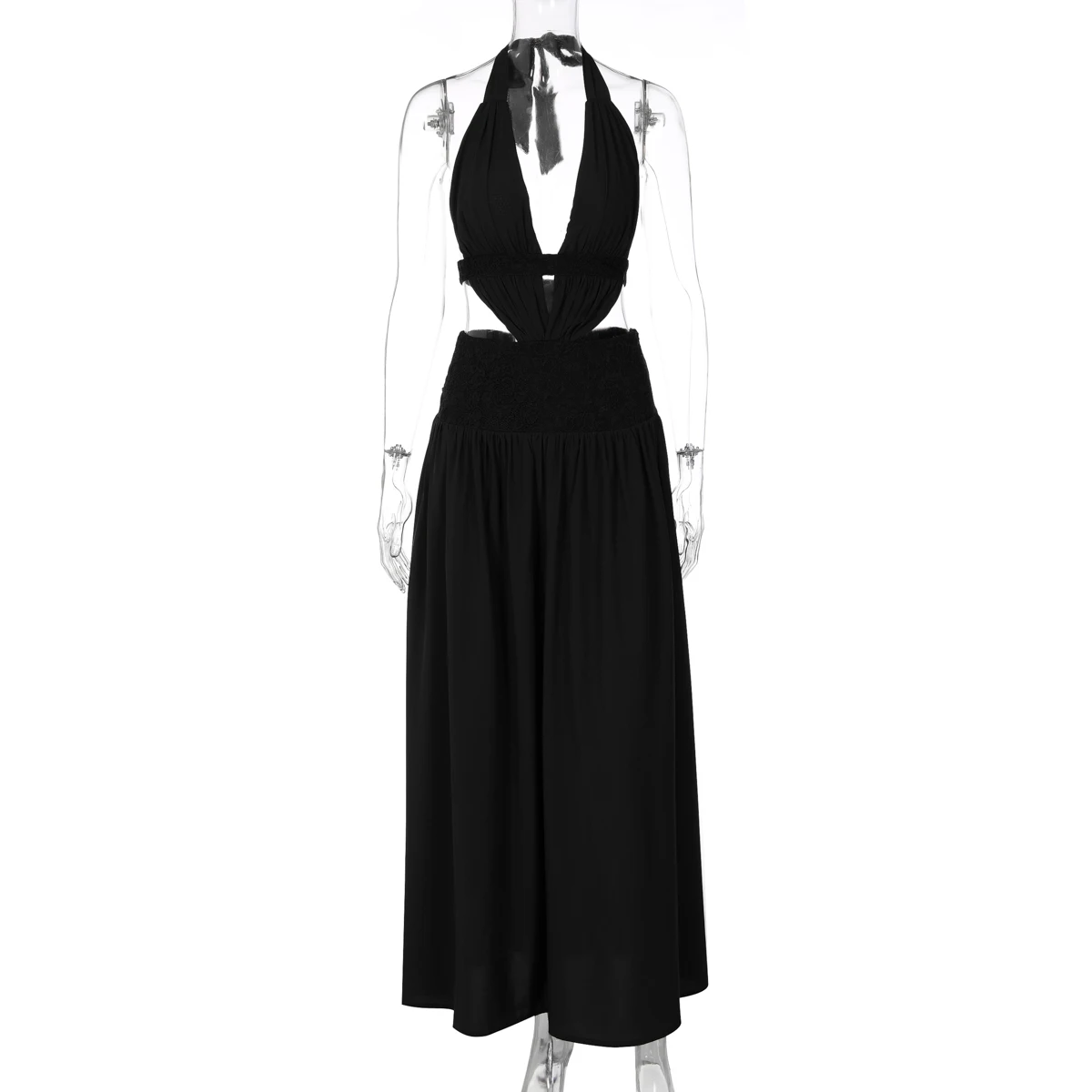 Hugcitar Damenmode, Neckholder, V-Ausschnitt, einfarbig, rückenfrei, gerüscht, mit Schnürung, sexy Maxikleid, Patchwork-Spitze, Sommerkleid, Strandurlaub – Detail 15