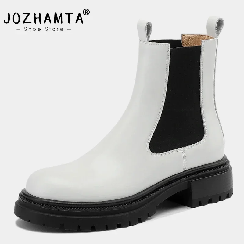 JOZHAMTA Size 34-42 Women Ankle Boots Genuine Leather Winter Chelsea Boots Elastic Band Chunky Heel Shoes Woman Motorcycle Boots