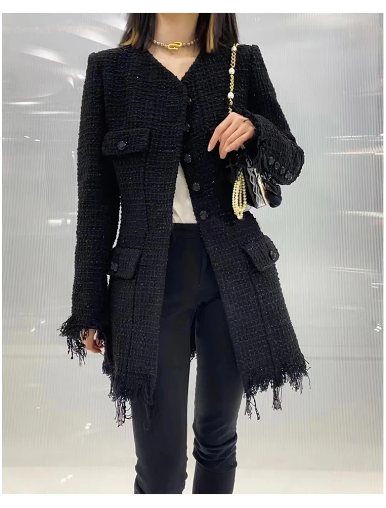 Brand New 2023 Autumn Winter Chic Women High Quality Vintage Tassels Elegant Black Tweed Coat F277