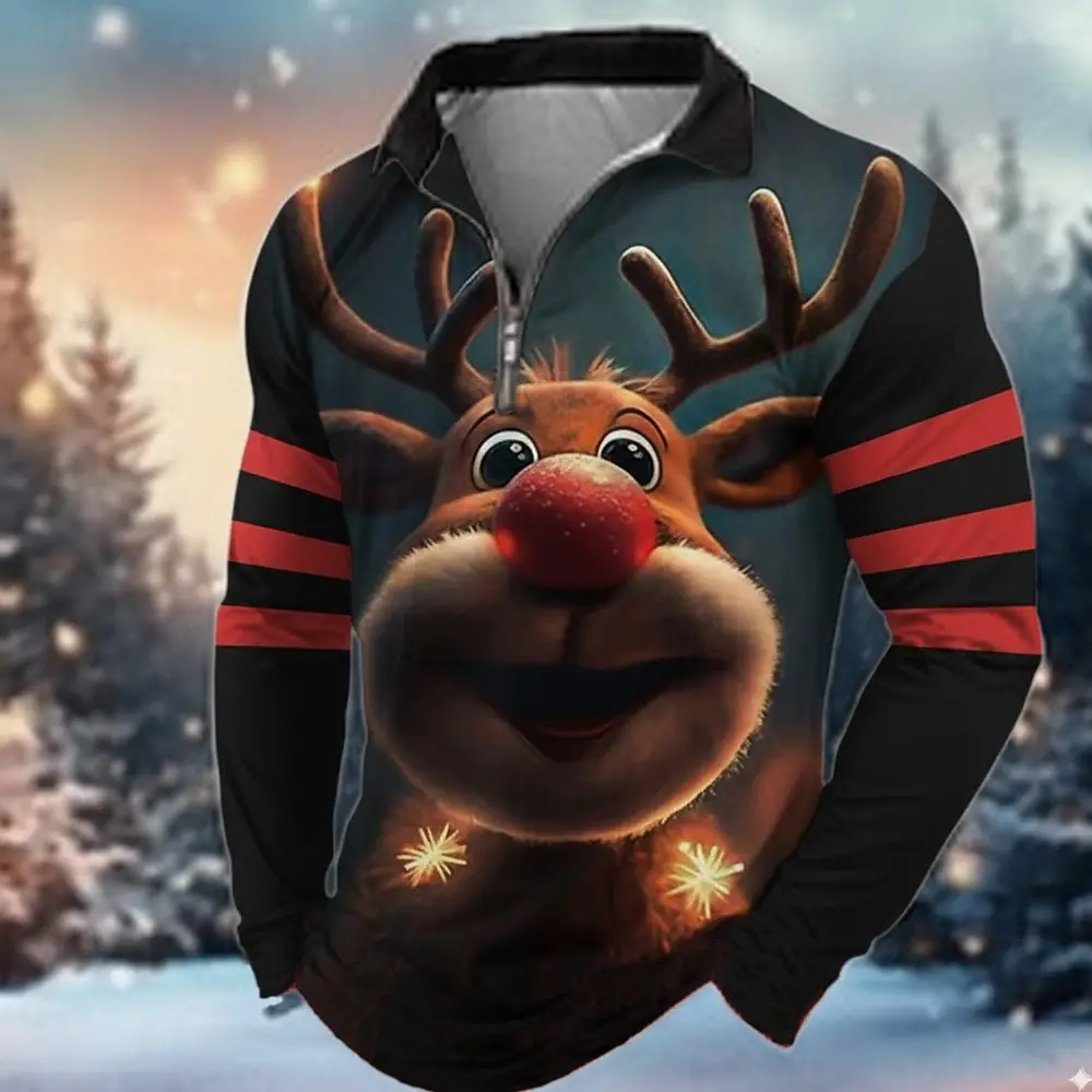 

Man Long Sleeve Polo Shirts Christmas Men's Reindeer Polo Long Sleeve Turndown Modern Leisure Clothing Festival Zipper 3d Print
