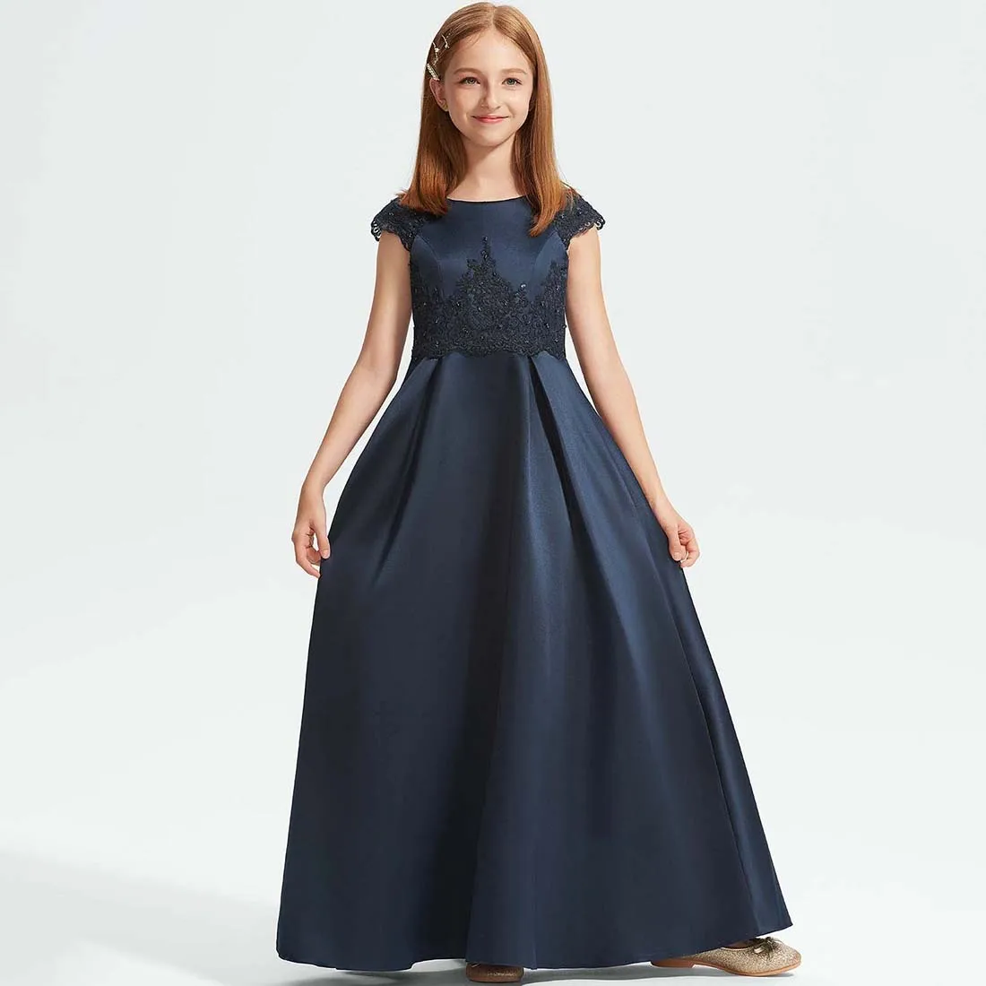 YZYmanualroom Lace Satin Junior Bridesmaid Dress With Beading Bow Sequins A-line Scoop Floor-Length 2-15T