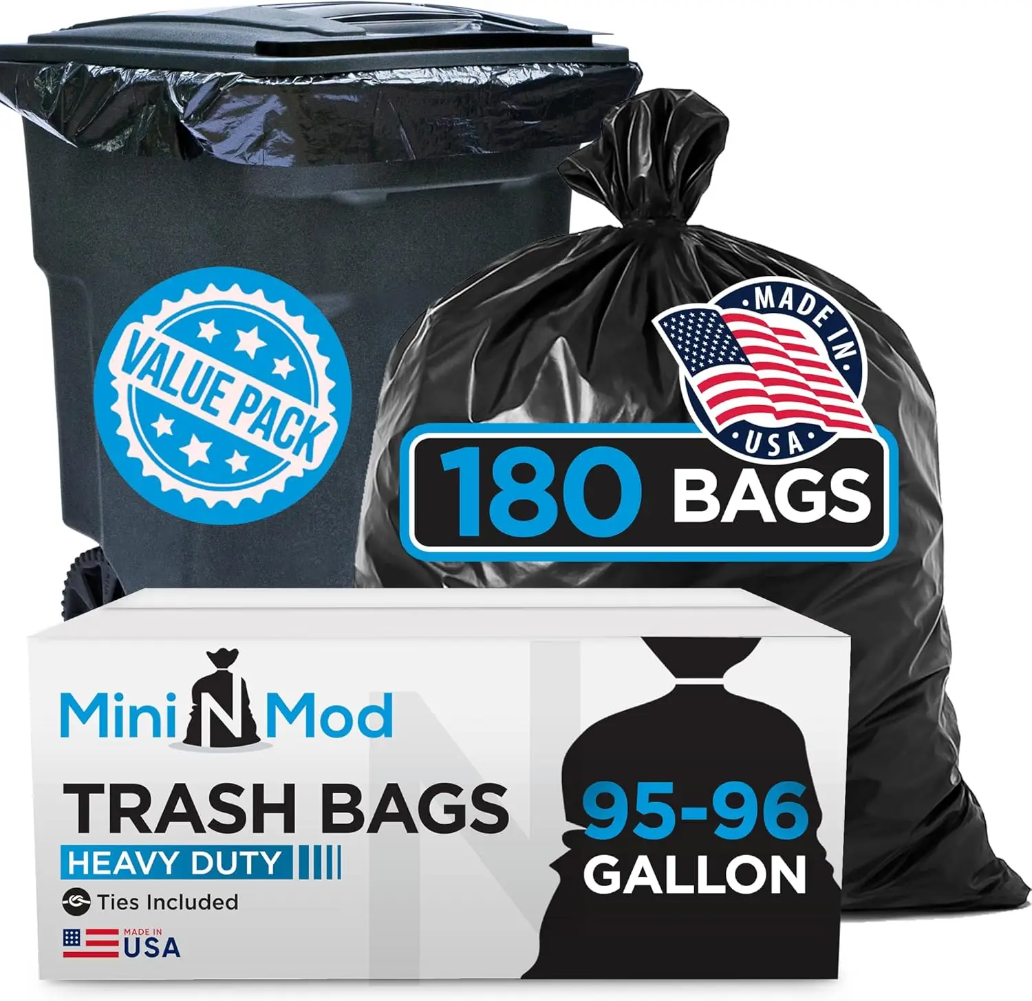 

180 Heavy Duty Black Trash Bags, 95-96 Gallon Capacity, Puncture-Resistant for Rollaway Cans & Drums
