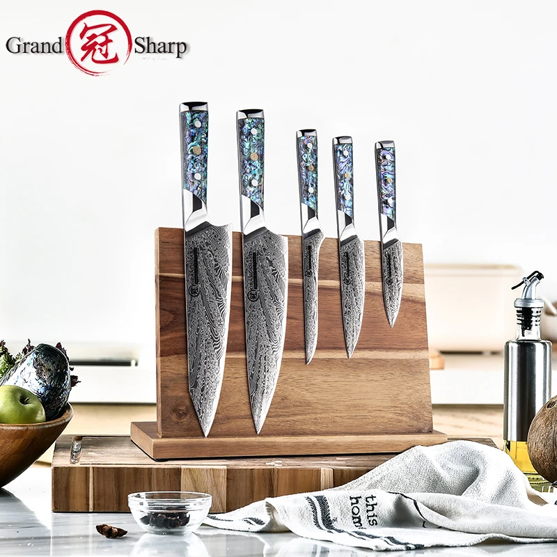 Grandsharp 1-5Pcs Damascus Steel Kitchen Knive Set AUS10 Chef Knife Kiritsuke Boning Utility Paring Knife Abalone Shell Handle