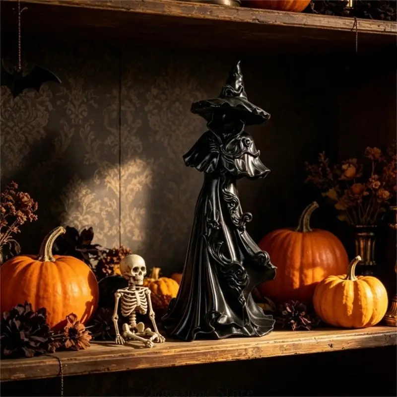 Hexenstatue aus Harz für Halloween-Dekorationen, Skulpturfigur mit verbreiterter Basis für Tischregal, Kaminsims und Fensterbank – Detail 2