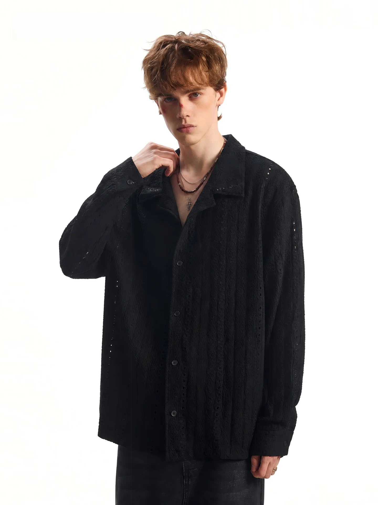 SDMADE Textured Cuban Collar Long Sleeve Shirt Loose Vintage Style for Men And Women Autumn Season  Color Button up Top