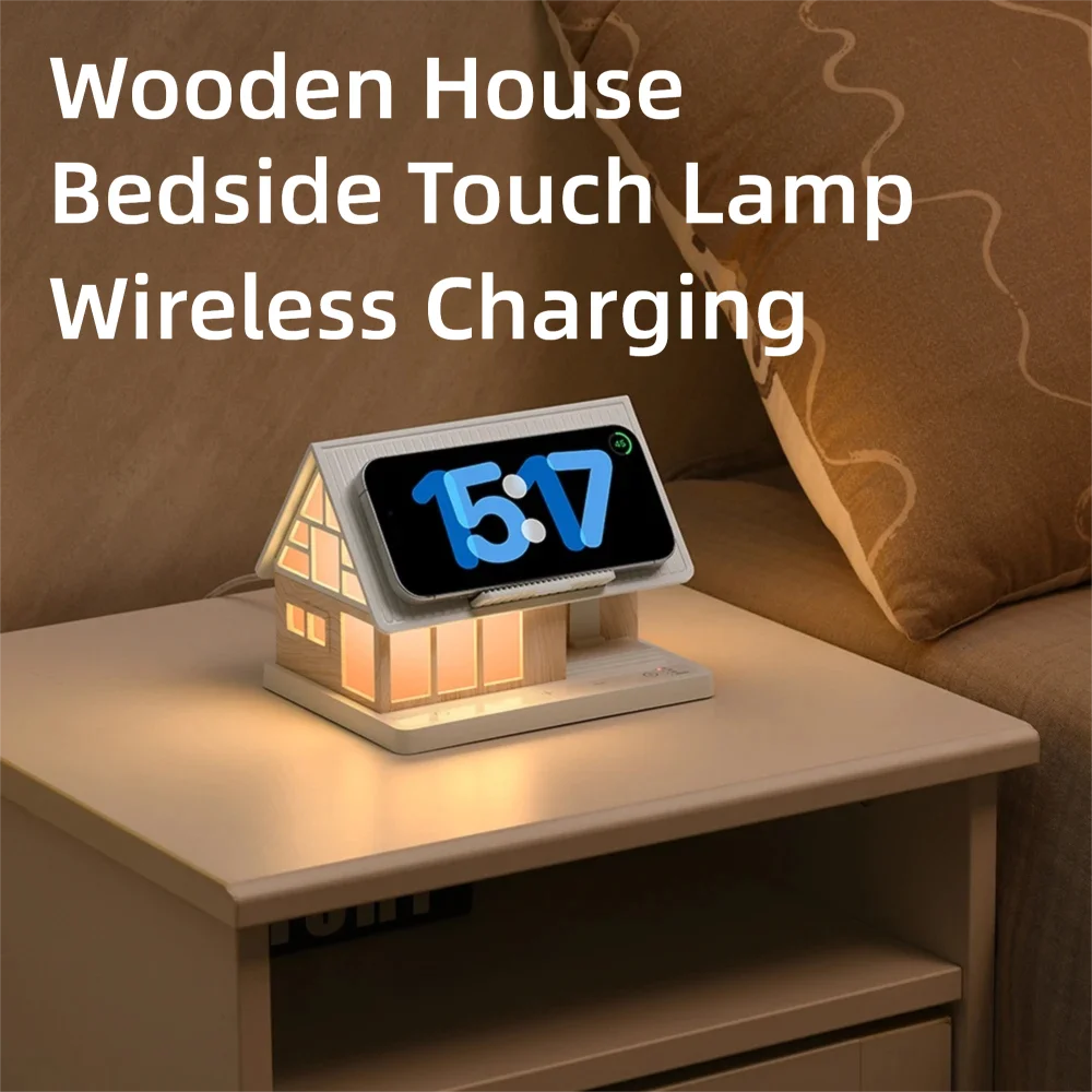 

WILIT Bedside Touch Lamp Wireless Charging Night Light Clock with 10 Natural Sounds White Noise 15W Atmosphere Lamp Wooden House