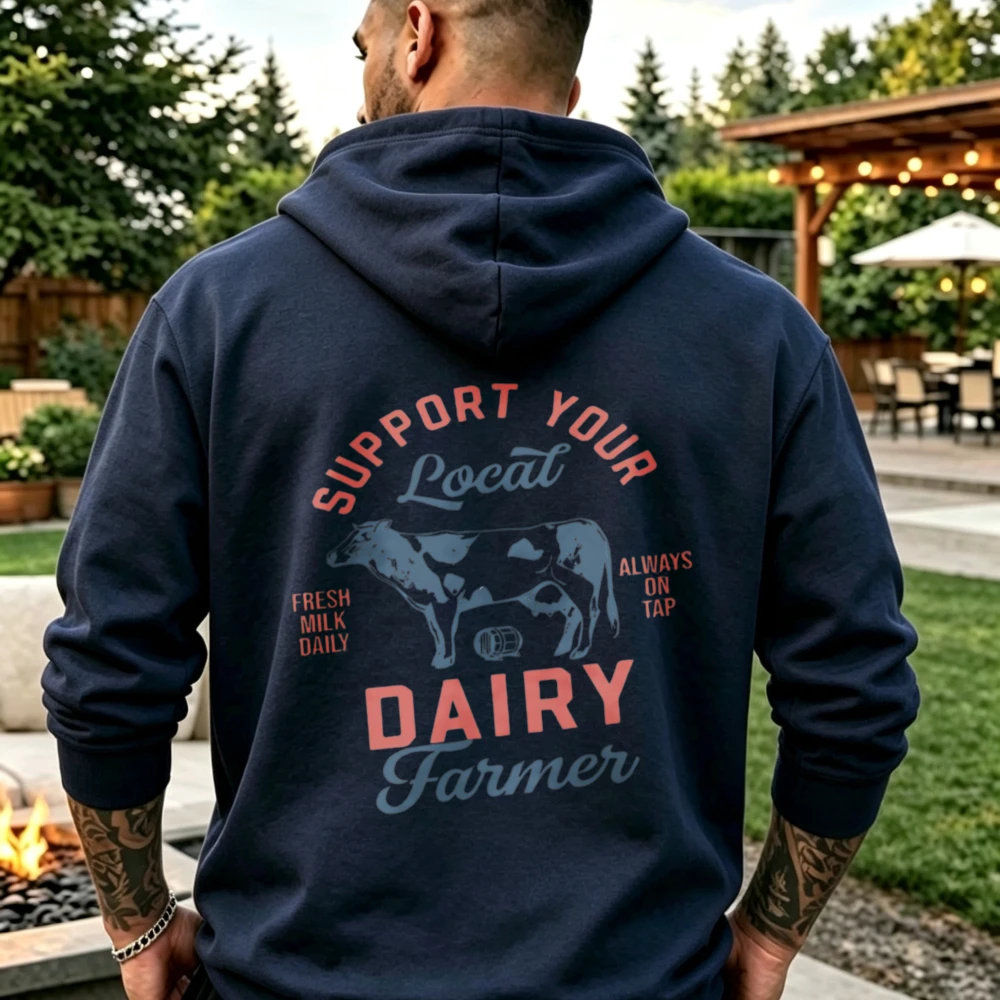 Support Your Local Dairy Farmer Cow Graphic Pullover Hooded Sweatshirt Casual Farm Fresh Milk Daily on Tap Holiday Hoodie Tops