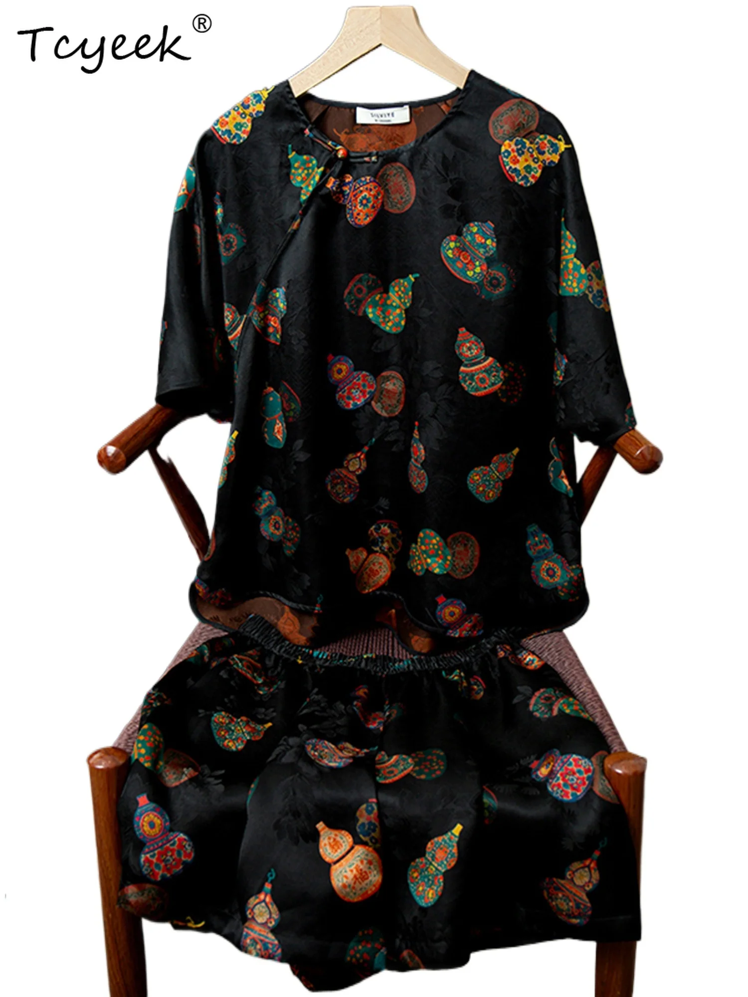 

Комплекты из 100% натурального шелка Tcyeek: женская одежда, летние топы, шорты, женские комплекты из двух предметов с принтом