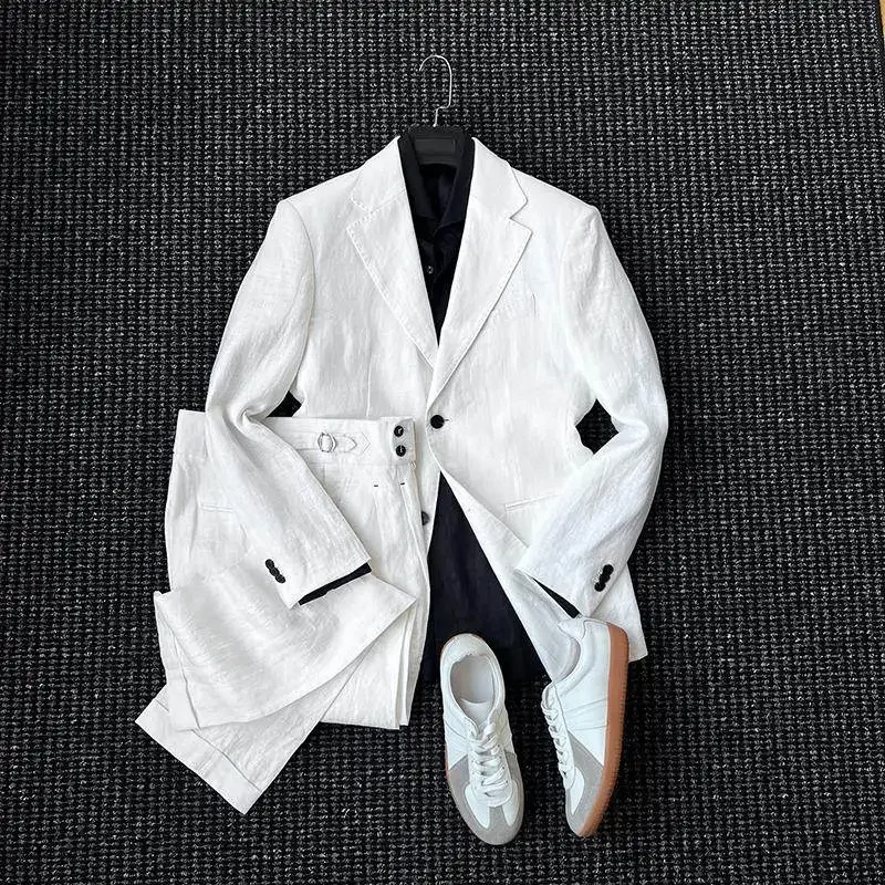 Spring Unstructured Flat Barrel Collar Japanese Linen Suit Men's Business Casual Commuter Suit
