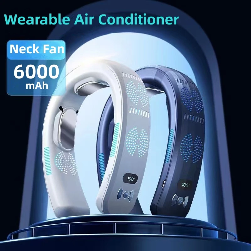 Mini Neck Fan Portable Wearable Air Conditioner USB Rechargeable Bladeless Hanging Neck Fan Mute 6000mAh Outdoor Summer Cooler