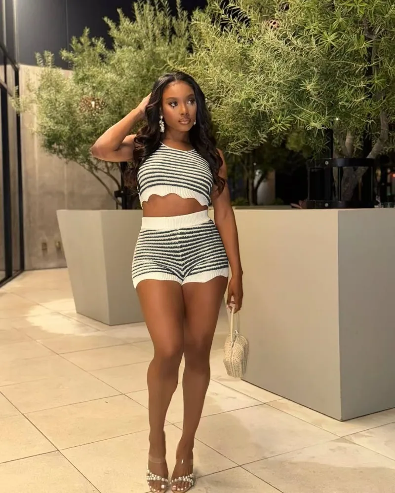 

KEXU вязаный женский комплект в рубчик крючком в полоску, рубашка с круглым вырезом, свитер + шорты, костюм 20257, комплект из двух предметов, спортивный костюм