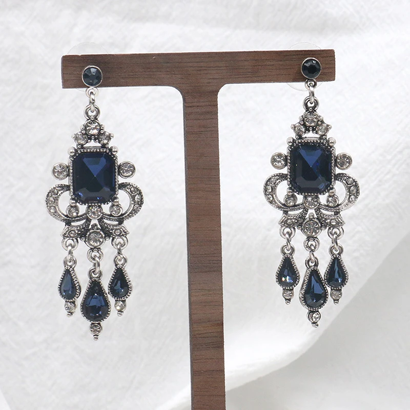 Bohemia New In Alloy Fashion Trend Jewelry For Women Droplet Type Tassels Vintage Luxury Blue Crystal Inlaid Diamond Earrings