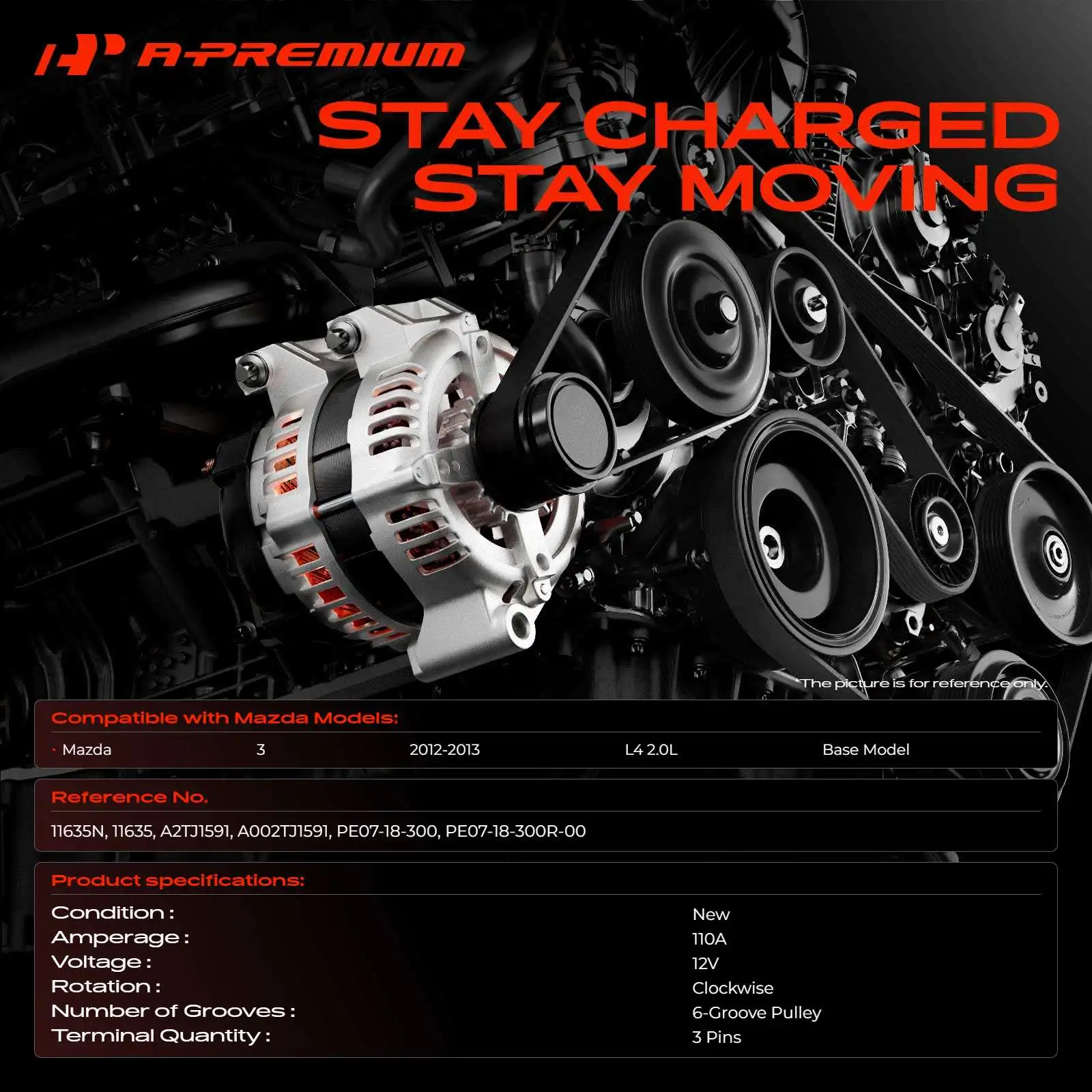 A-Premium Alternator with 6-Groove Pulley for Mazda 3 2012 2013