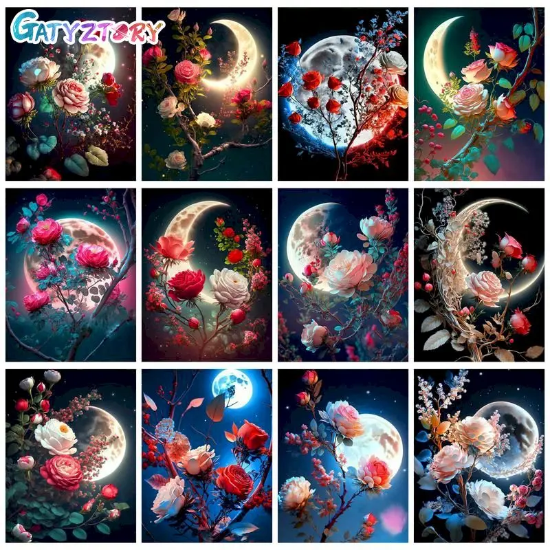 

GATYZTORY Moonlight Flowers Picture By Numbers With Frame For Adults Kits Set Canvas By Numbers Handicrafts Diy Gift For Home De