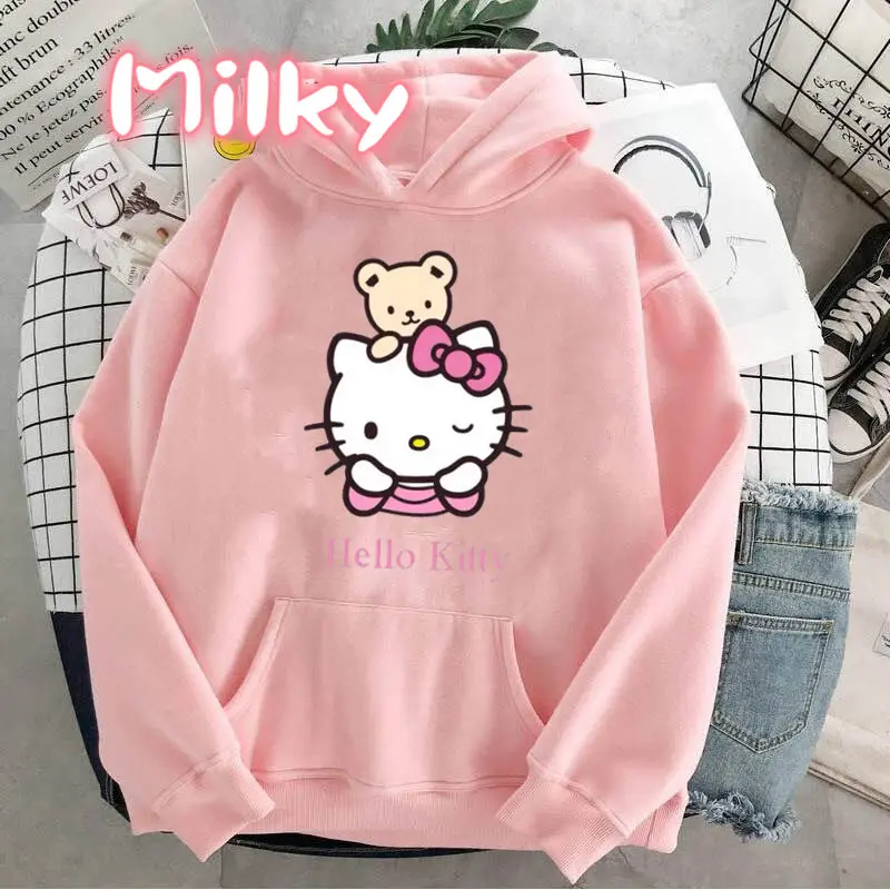 2024 New Fashion Women Hoodie Hello Kitty Hoodies Spring Autumn Pink Hoodie Sweatshirt Clothes Tops Clothing Oversized Pullover