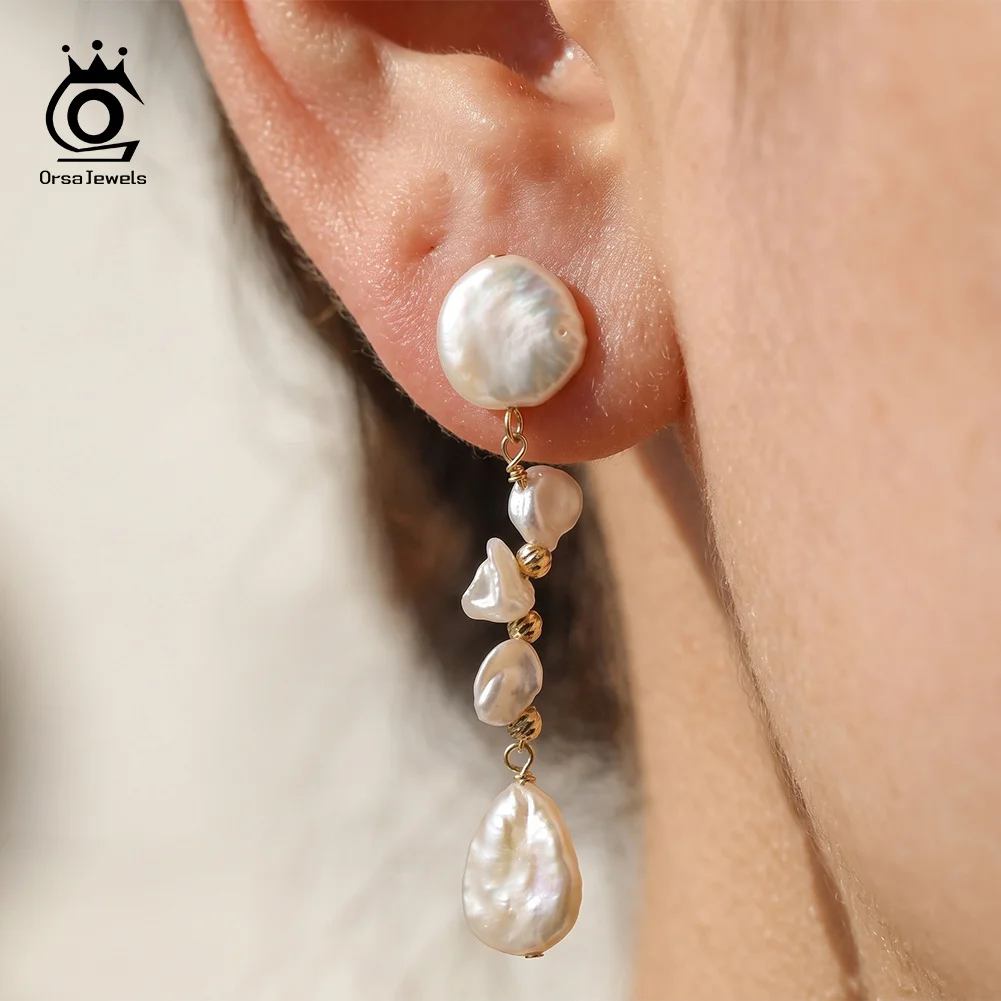 ORSA JEWELS Dainty Multi Bead Natural Baroque Pearl Dangle Earrings 925 Silver Pearl Jewellery for Bridal Occasions GPE148