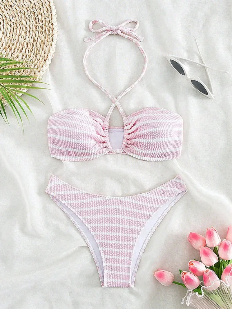 

sexy striped color block halter bandeau mini bikinis sets two pieces padded thong swimwear female bathing suit biquini