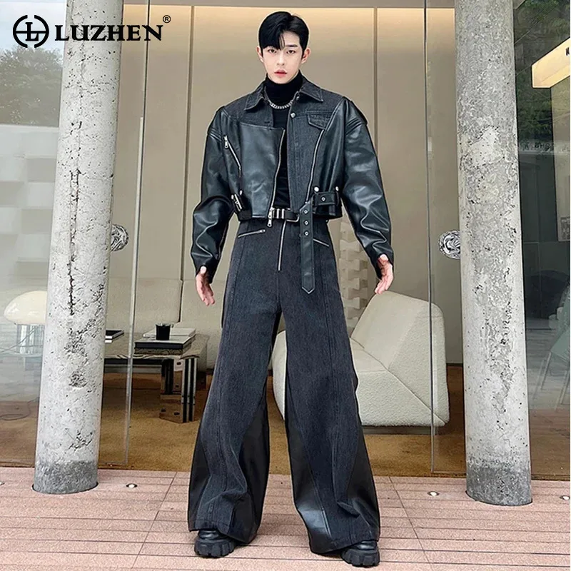 LUZHEN New Fashion Men's Set Niche Design Two-piece Patchwork Suit Denim Leather Spliced Short Jacket Straigt Pants 2024 Bb6d58