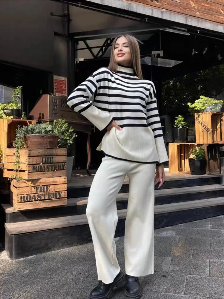 2024 Fashionable Striped Style Knitted Two-piece Turtleneck Sweater Loose Casual Long-sleeved Pants Temperament Commuting Suit