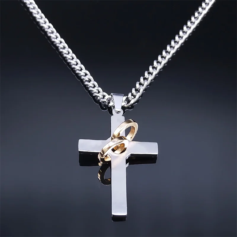 Hip Hop Crystal Cross With Ring Necklaces Stainless Steel Rhinstone Jesus Cuban Chain Crucifix Necklace Jewelry Collar de Cruz