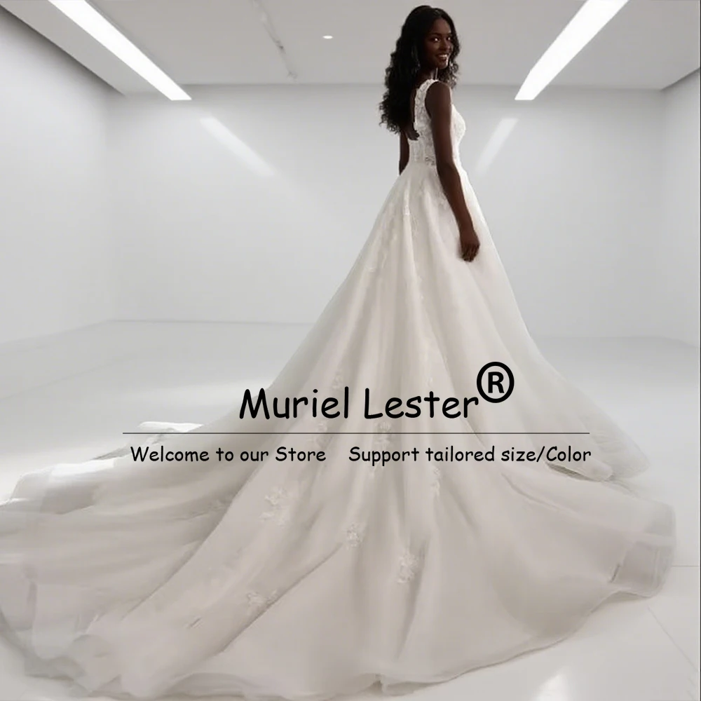 Nowoczesne suknie ślubne z kwadratowym dekoltem dla panny młodej, bez rękawów, Vestido De Casamento, personalizowane, szyte na miarę, z odkrytymi plecami.