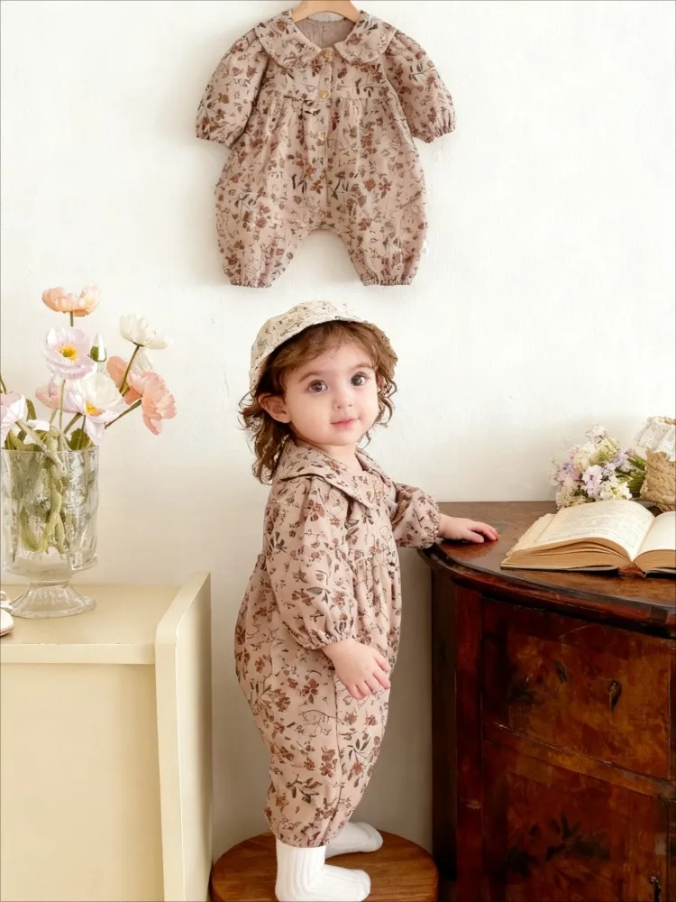 New Korean Full sleeve clothes with lapels spring autumn clothing baby girls floral doll collars baby crawling cloth