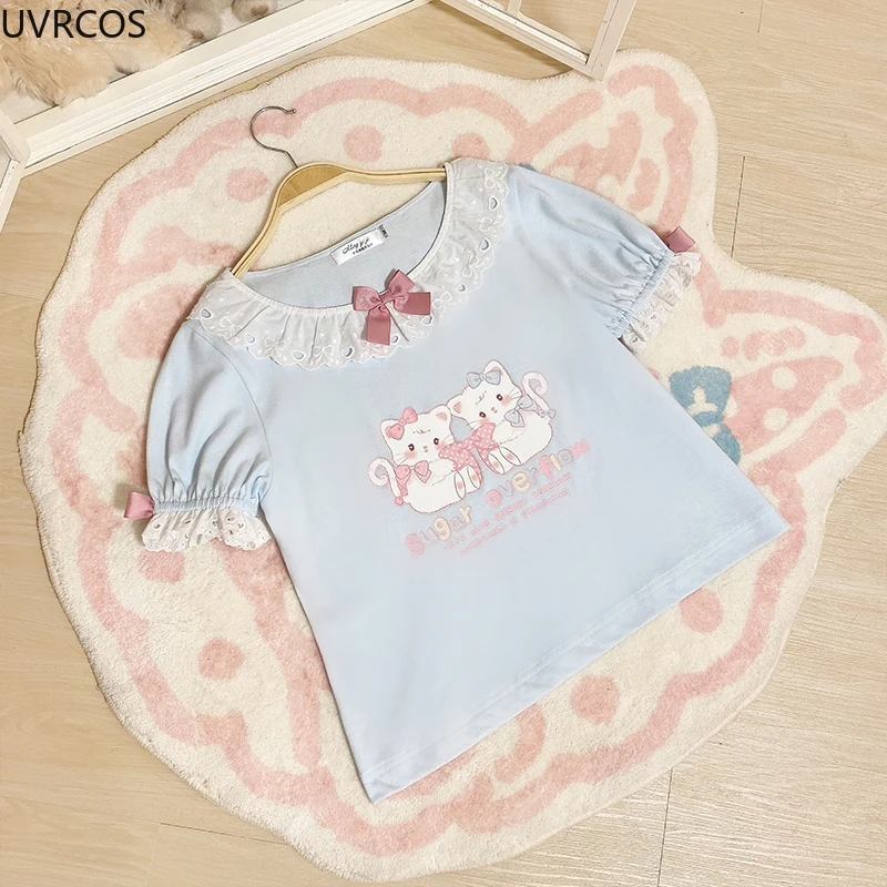 Pink Sweet Cat Print Lolita Crop Top Women Y2k Aesthetic Ruffles Bow O Neck Short Sleeve T-shirt Japanese Kawaii Cute Tees Tops