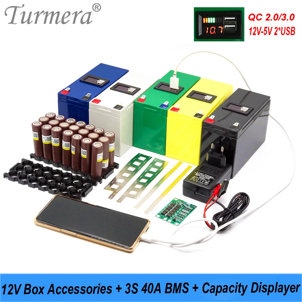 Turmera 12V Battery Box 3X7 18650 Holder 3S 40A BMS DC 12V to 5V QC3.0/2.0 2*USB Displayer  for Replace Motorcycle Lead-Acid Use