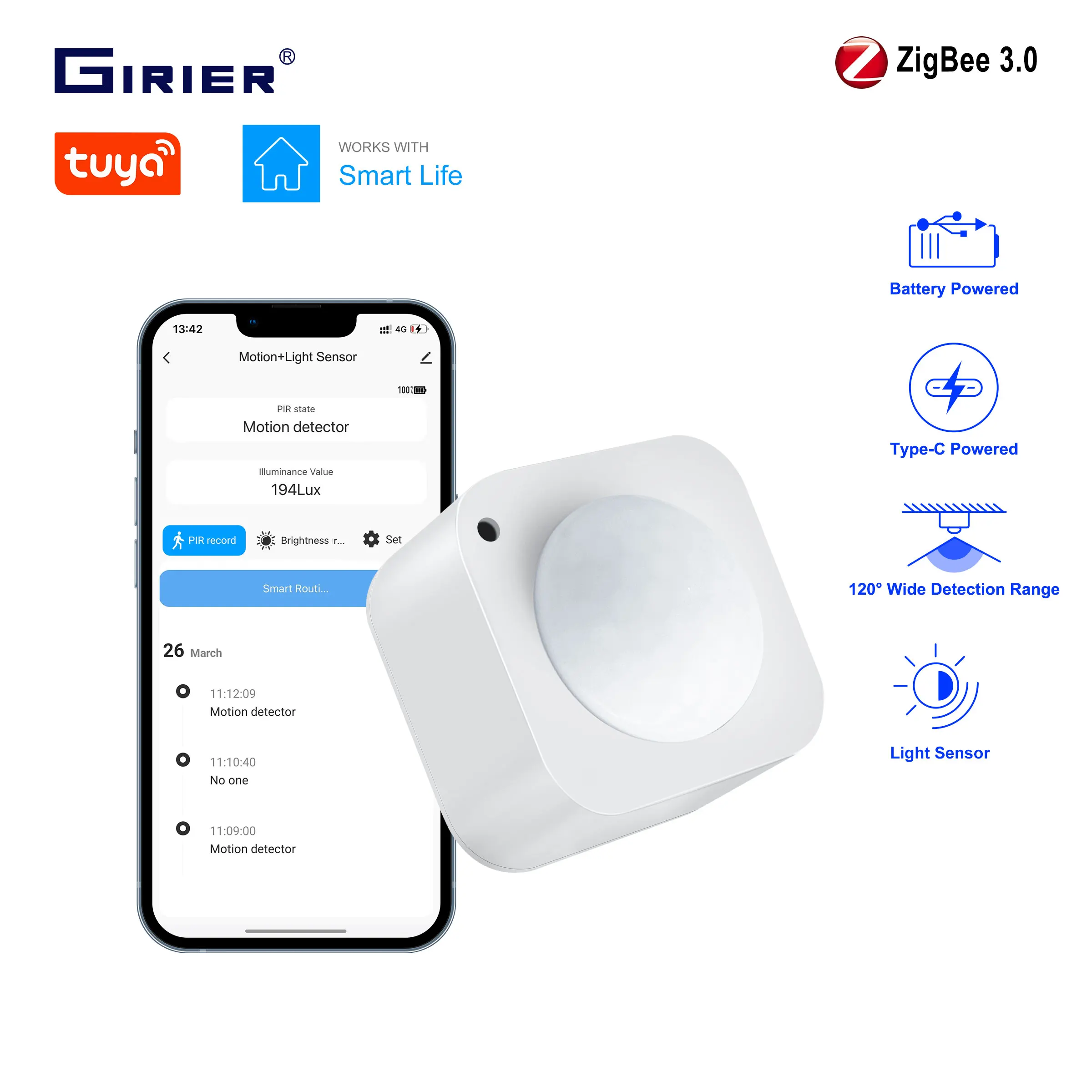 GIRIER Tuya Smart PIR Motion Sensor ZigBee Human Movement Detector with Light Sensor for Home Security Support Remote Monitoring