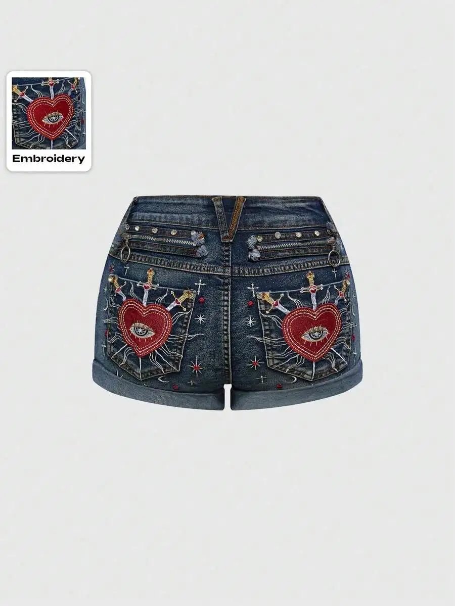 

Low Waist Denim Shorts With Heart Eye Star Embroidery Gothic Retro Style