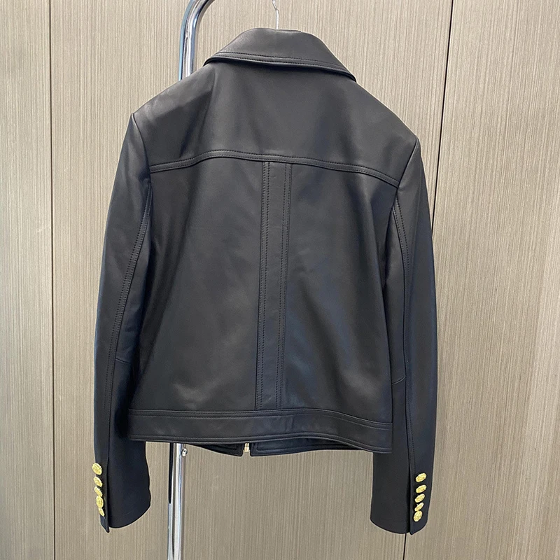 2025 Nuova giacca in vera pelle di agnello nero per donna Giacche femminili casual in vera pelle di pecora stile motociclistico con tasca autunnale