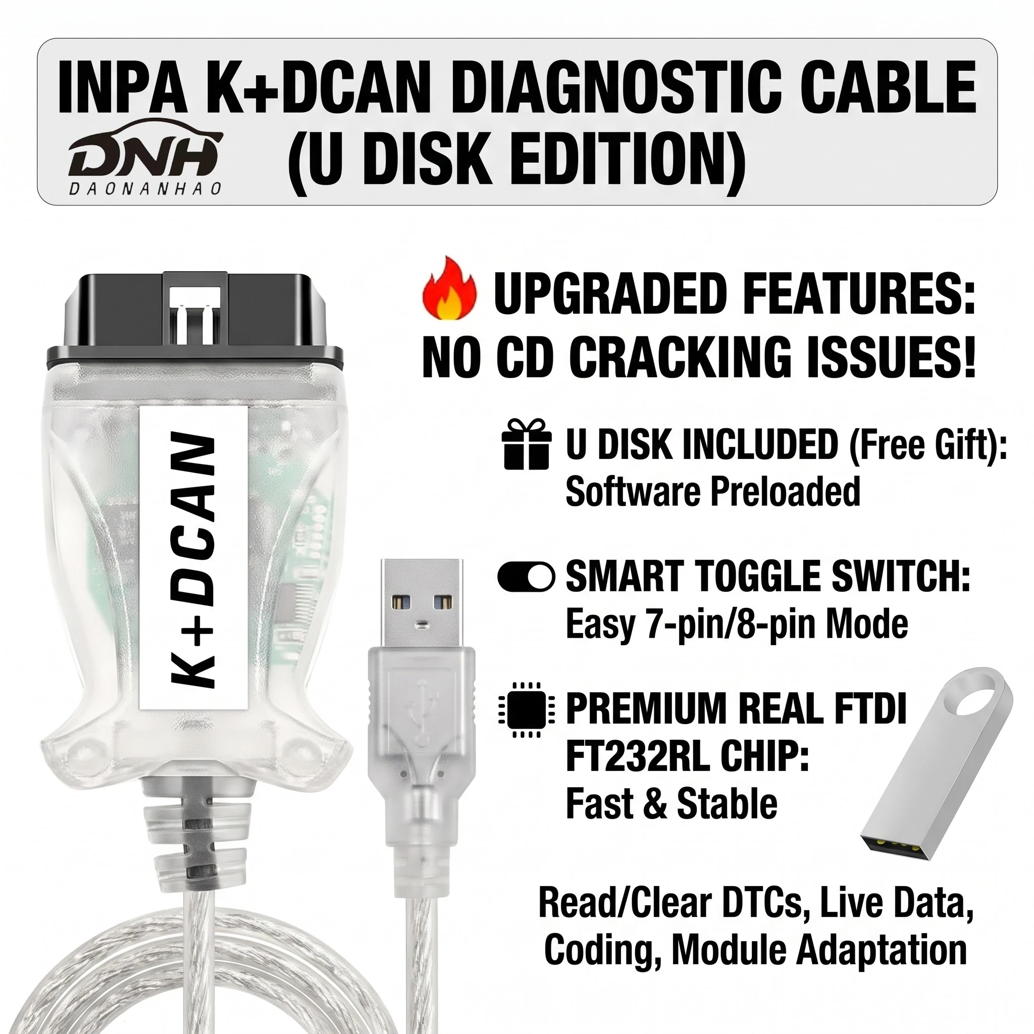 INPA K+DCAN With Switch FTDI FT232RL Chip USB OBD2 Diagnostic Cable For B-M-W Ediabas Tool Include U Disk Free Gift