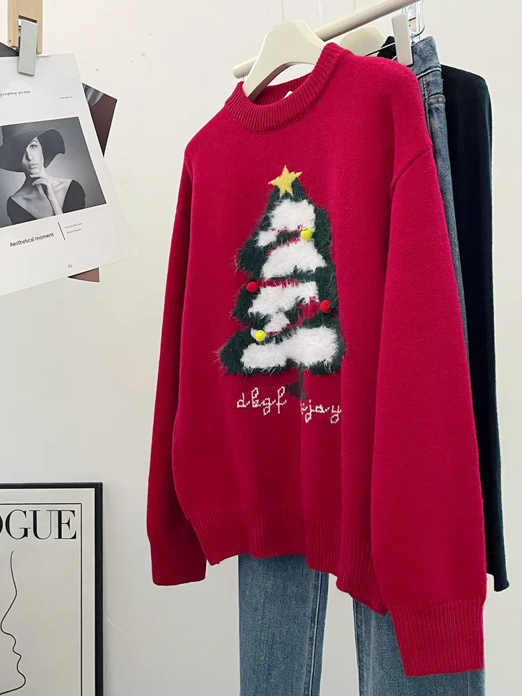 

Ретро-свитер в американском стиле Cisas Tree, круглый вырез, утолщенный, мягкий, женский, осенне-зимний, свободный крой, трикотажный, антивозрастной, красный