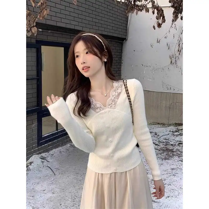 ملابس حريمي الخريف الشتاء موضة عادية الدانتيل المرقعة بلون الخامس الرقبة الحياكة المرأة مزاجه زر البلوفرات سترة #4